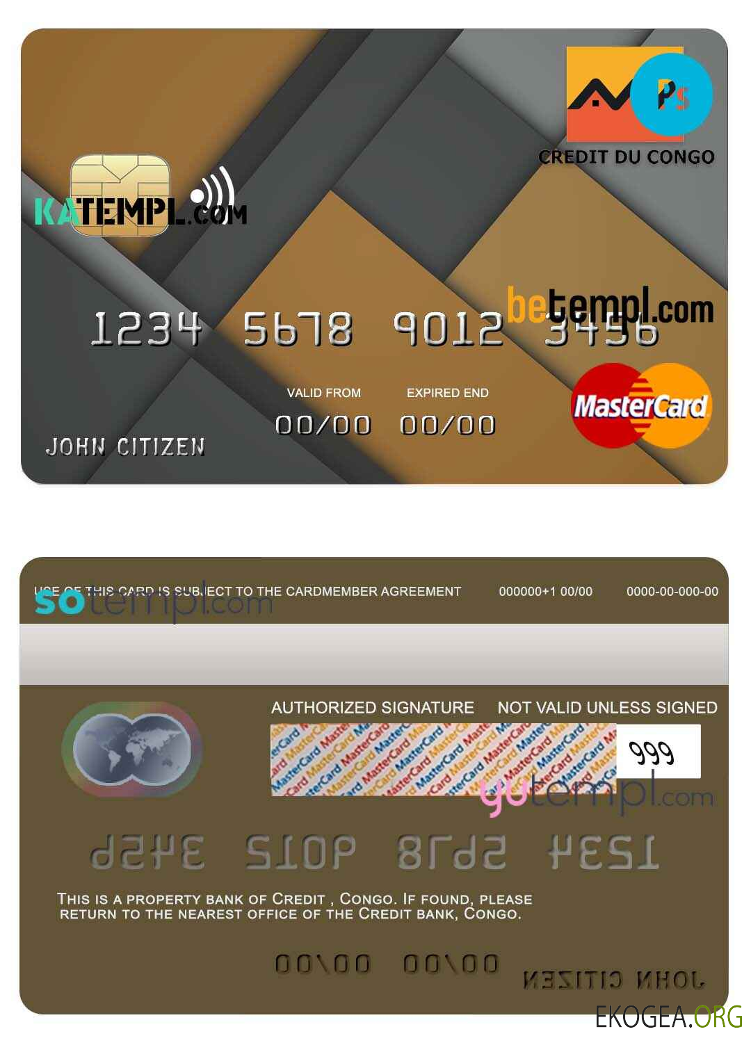 Modèle de carte de crédit mastercard de la banque Congo Credit au format PSD, entièrement modifiable